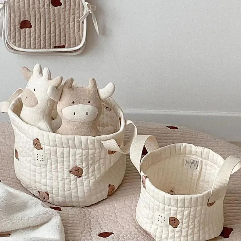 

Beige Cotton Embroidery Baby Diaper Clothes Toys Storage Basket Household Desktop Sundries Cosmetic Organizer Laundry Baskets