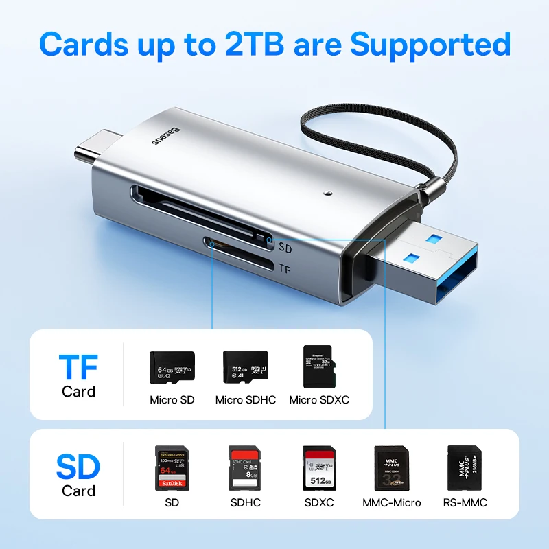 Baseus-leitor de Cartão Inteligente Usb c e Usb 3.0 para sd Micro sd tf Dispositivo de Memória 104 Mbps 2tb Acessórios Portáteis - Imagem 5