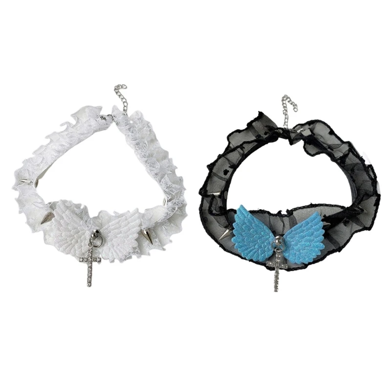 

Y1UE Gothic Ribbon Bow Gothic Pendant Collar Lacelike Collar Necklace