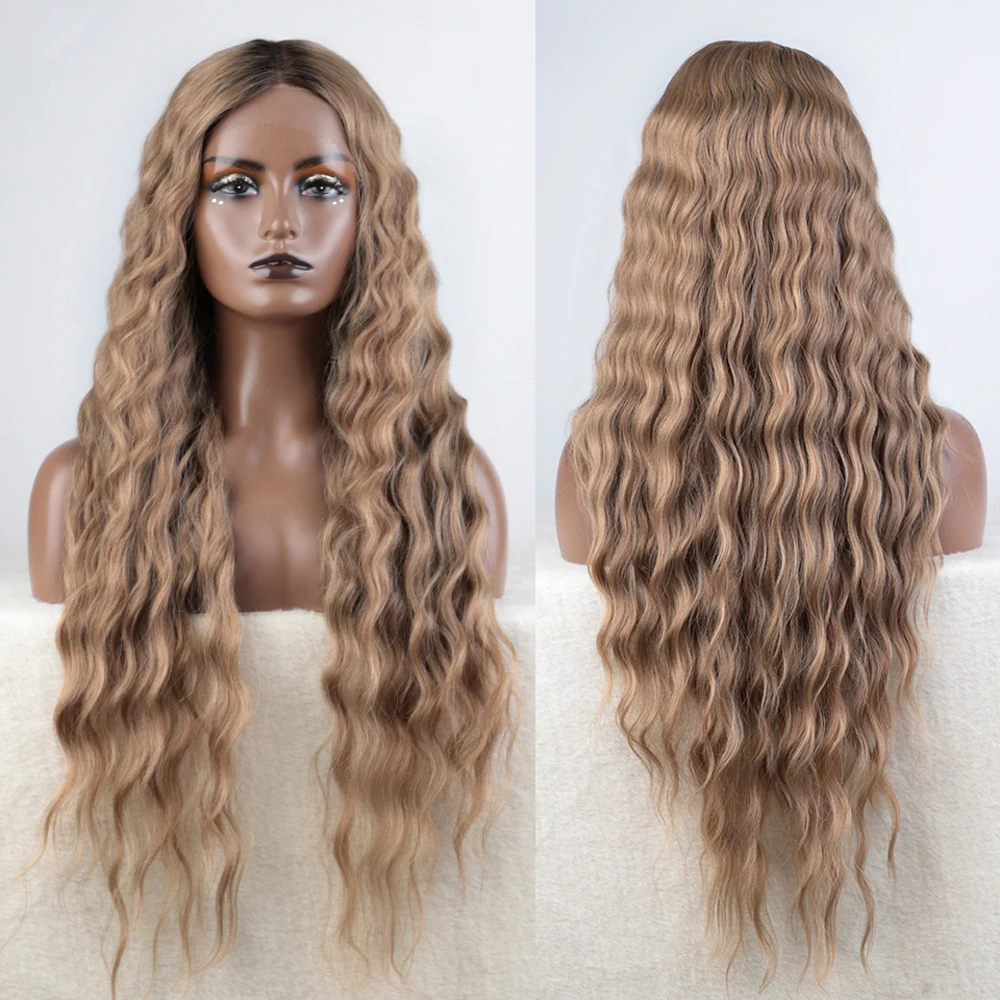 Synthetic Lace Front Wig Long Deep Wavy 30" Hair Lace for Women Front Ombre Blonde Cosplay Baby Hair Wig