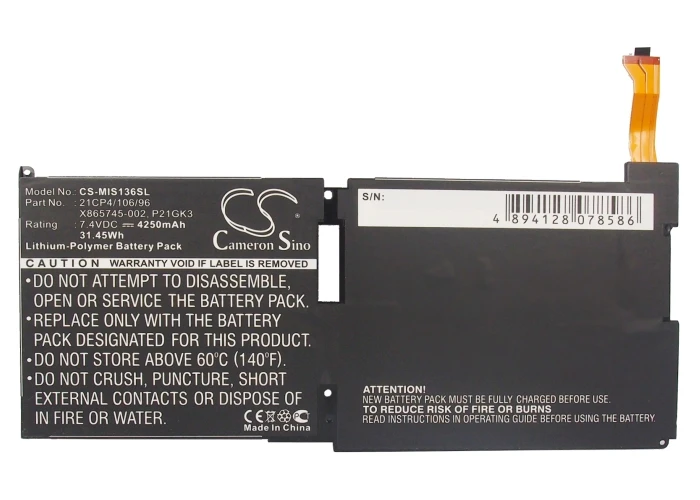 

Tablet Battery For Microsoft 21CP4/106/96 MS991109-ZZP12G01 P21GK3 X865745-002 Surface RT 9HR-00005 Pro 2