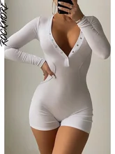 

Rockmore Deep V-neck Knitted Playsuits For Women Long Sleeve Bodysuits Sexy Buttons Jumpsuits Streetwear Casual Rompers Playsuit