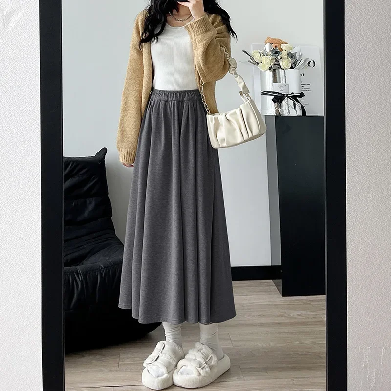Autumn and Winter Solid Color Korean Fashion Pleated Skirts Women's High Waist Mid Length A-line Skirt