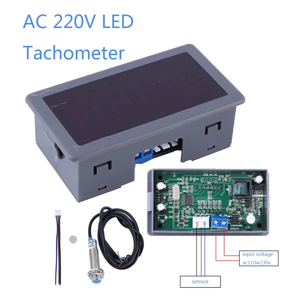 220V 110V AC Tachometer 4-Digit LED Digital Display Motor Tachometer With Hall Sensor Magnet