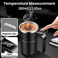 Self-stirring coffee mug with temperature display and automatic mixing