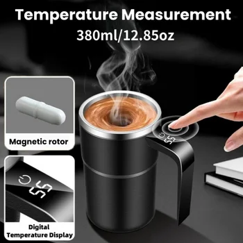 Self-stirring coffee mug with temperature display and automatic mixing