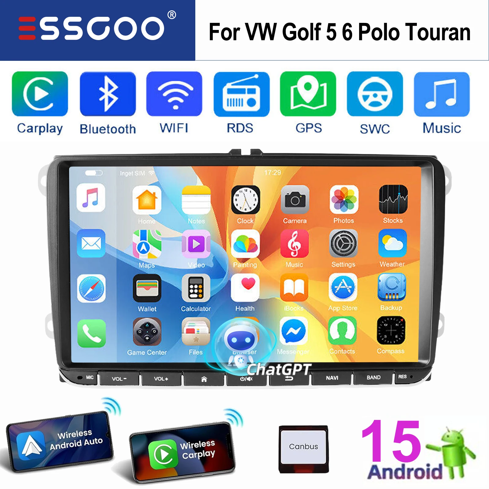 ESSGOO Android 15 9" For VW/PASSAT/GOLF/SEAT/SKODA/POLO Apple Carplay Car Stereo GPS Navigation BT FM RDS WIFI Mirror link USB