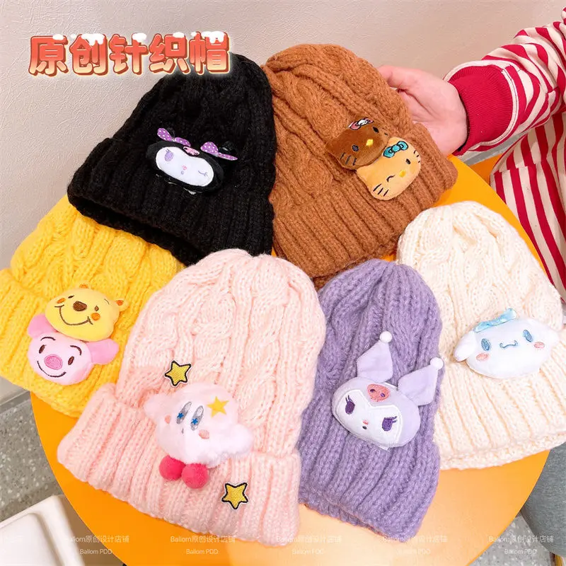 

Kawaii Sanrios Hello Kitty Kuromi Cinnamoroll Children's Knitted Dolls Hat Winter Cute Warm Students Children's Wool Cap Gift