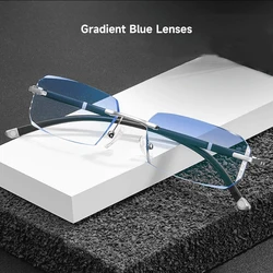 Stylish Rimless Anti - Blue Light Reading Glasses with Diamond Accents - +400 (Gradient Blue lenses)