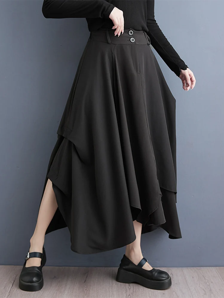 Black Vintage High Waist Asymmetrical Skirt Women New Korean Loose Casual Midi Skirts Fashion Elegant Clothes Summer Autumn 2025