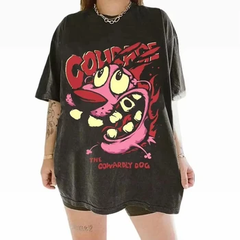 Women's Plus Size Retro "Cowardly Hero" 90s TV Series T-shirt Pure Cotton Breathable Fashionable and Versatile Unisex Oversized 1