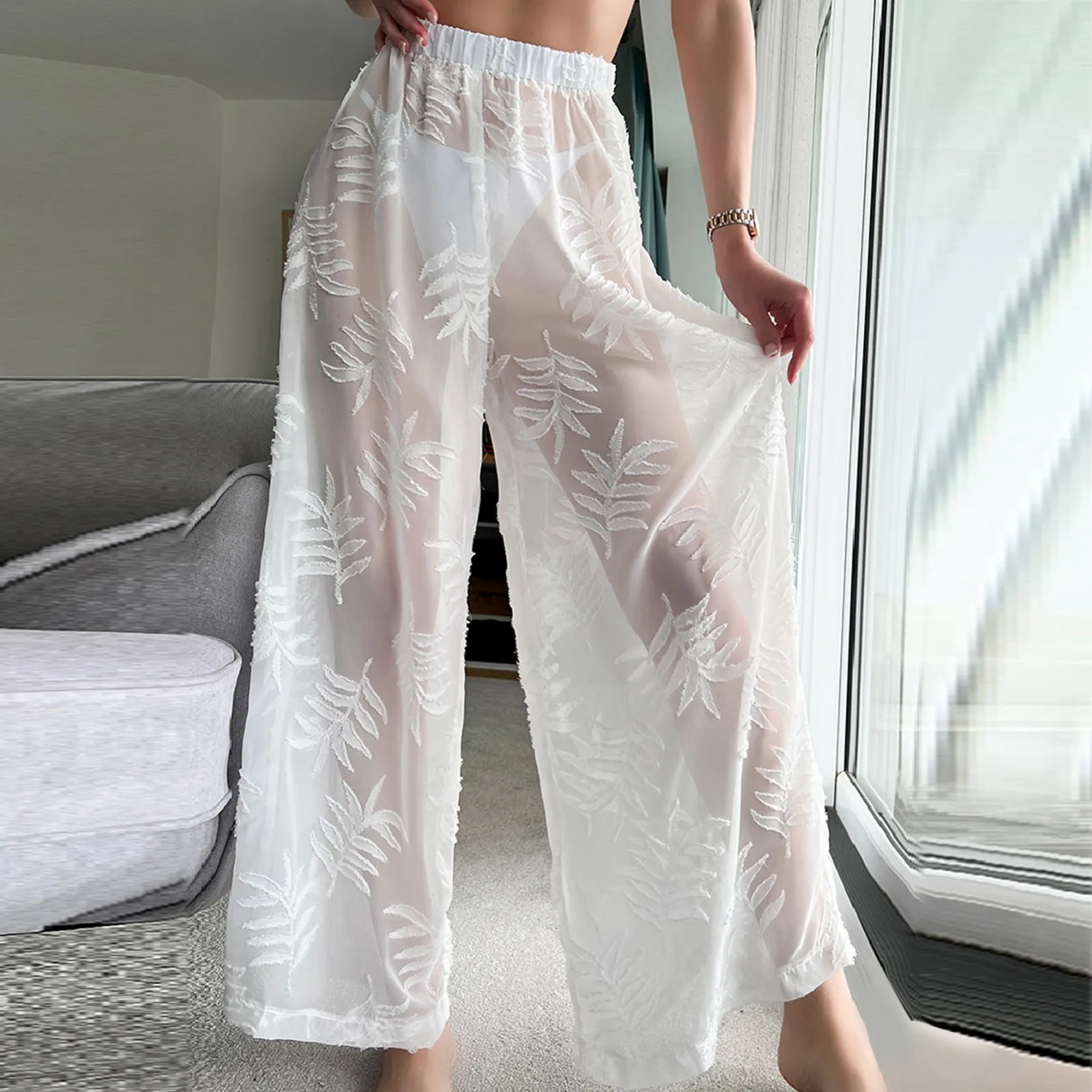 

Summer Mesh See-through High Waist Beach Pants Cover Up Women Lace Crochet Loose Pants Hollow Out Swimwear Cover Up Pants