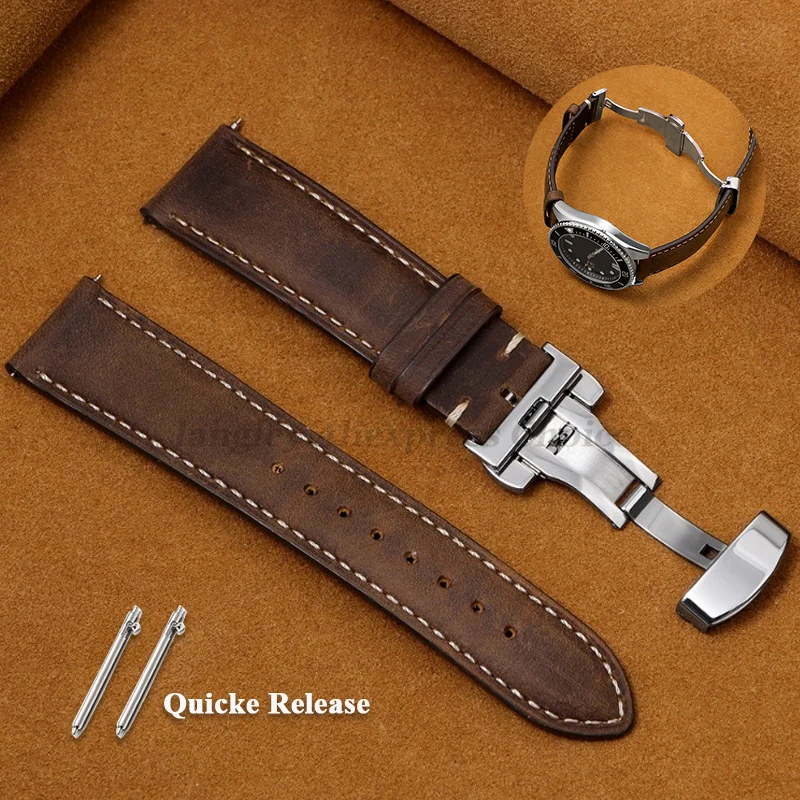 Echtes Kalbsleder-Uhrenarmband für Seiko für Omega Business-Uhrenarmband 14/16/18/20 mm 22 mm Schmetterlingsschnalle mit Nähten