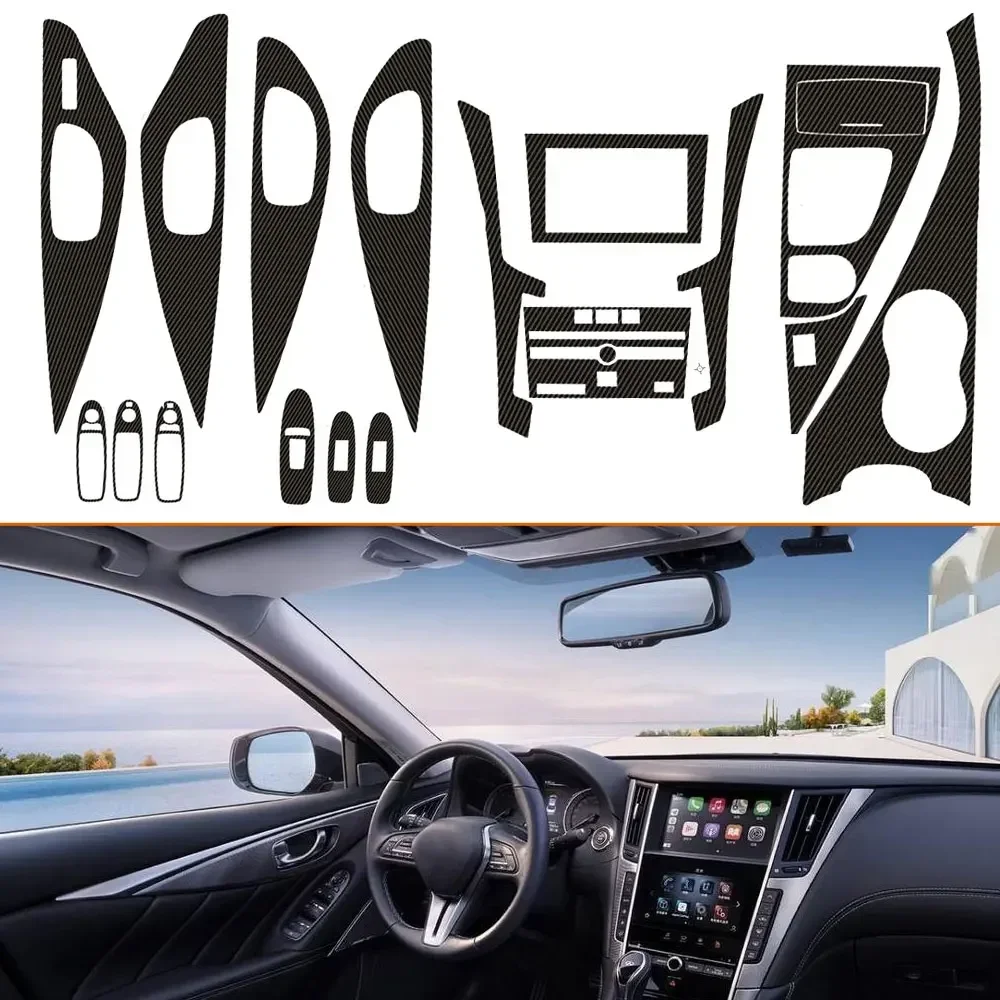 

18pcs 3D Carbon Fiber Cover Black Car Stickers Interior Decorative Stickers Car Accessories for Infiniti Q50 2014-2019 LHD