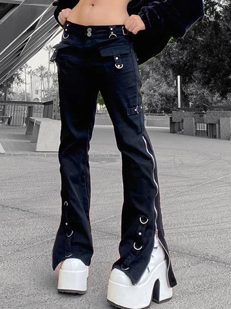 Emo Dark Cyber Y2k Pantalones Hippie Cargo Bodycon gótico Punk Alt, Vaqueros con remaches negros para mujer, pantalones góticos Hip Hop Kpop Academia|Pantalones y pantalones capri| - AliExpress