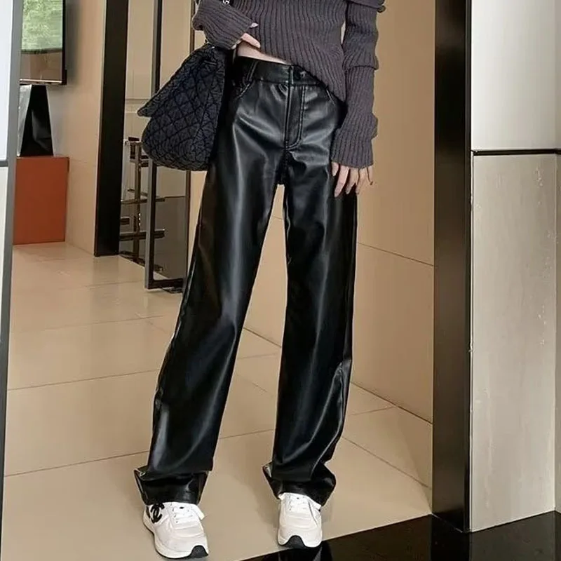 

Autumn Fashion Solid High-waist Leather Pants Streetwear Casual Straight Ladies Trousers Office-lady Loose Black Pu Pants 29392