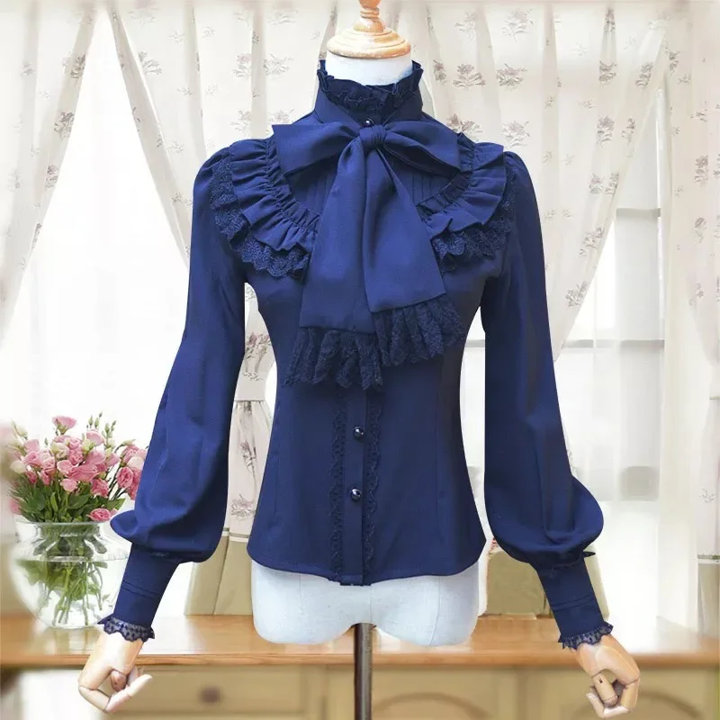 Ruched lace blouse long sleeves lolita women Victoria costume sweet high collar slim shirt button up formal jabot tops with tie lolita blouses