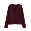 Vintage Solid  Golden Button Woman Single Breasted Sweater Ladies V-neck Long Sleeve Pocket Female knitted sweater 2