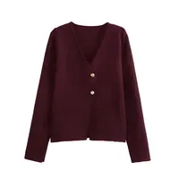 Vintage Solid  Golden Button Woman Single Breasted Sweater Ladies V-neck Long Sleeve Pocket Female knitted sweater 2