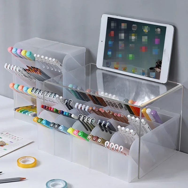 Desk Organizer Desk Organiser Creative Transparent Oblique Insert Pen Holder Desktop Pen Bucket Storage Box Office Holder