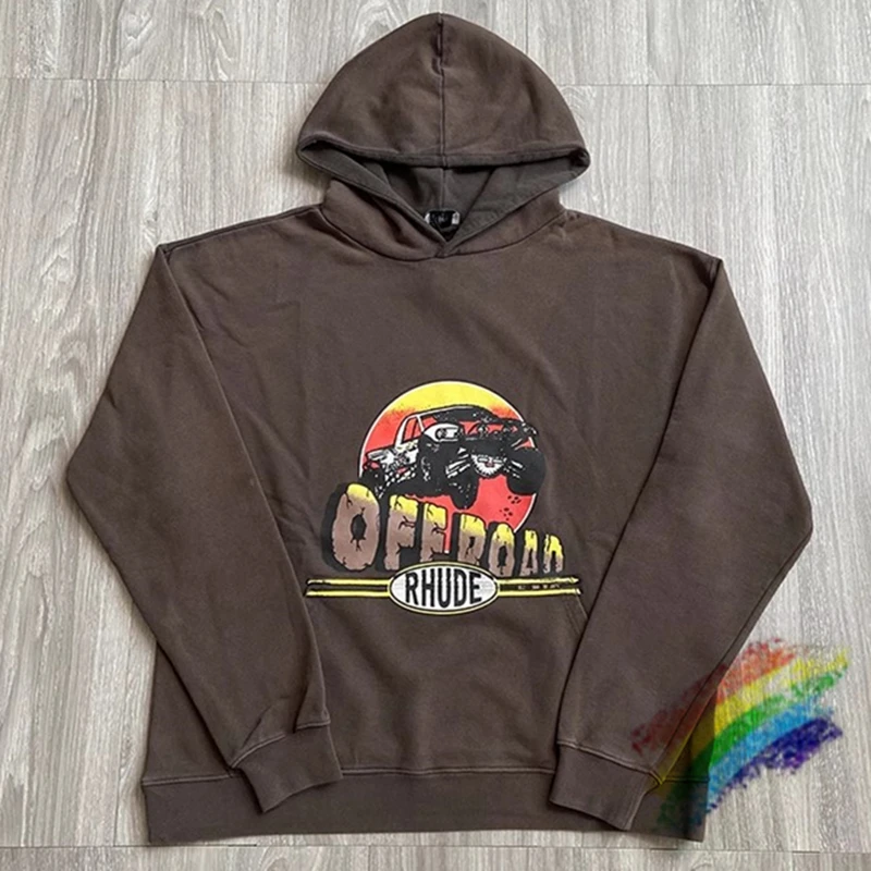 

Washed RHUDE Gray Off Road Hoodie For Women Men 1:1 High Quality Oversized Pullover Automobile Printing Hoodies