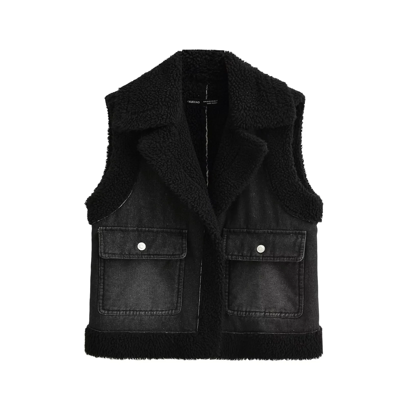 

TRAF Woman Faux Shearling Denim Vest Black Lapel Collar Sleeveless Pockets Vest Jacket 2024 Autumn Winter Women Warm Waistcoat