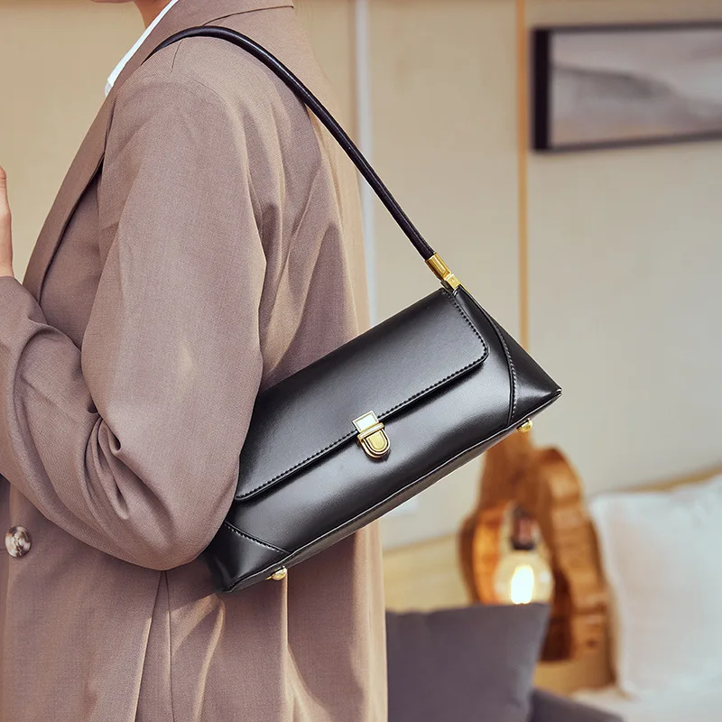 Shoulder Bag Leather Handbag Women's Baguette Bag Genuine Leather Shoulder Bag Cowhide Women Handbags