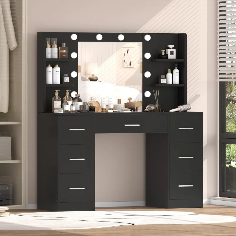 

Vanity Desk, Makeup Vanity with 10 LED Lights & 7 Metal Sliding Drawers, Brightness Adjustable, Vanity Table with Open Shelves