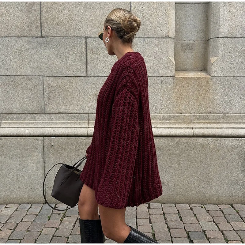 Casual Knitted Solid Mid Long Sweaters Women Loose O-neck Long Sleeve Dark Red Pullover Sweaters Female Autumn Chic Street Tops