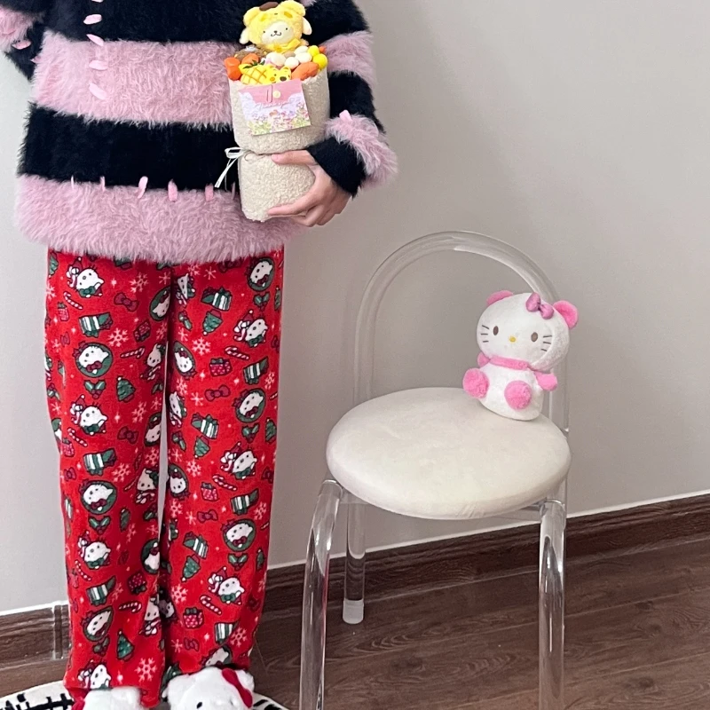 산리오 헬로 키티 잠옷 바지, 블랙 핑크 애니메이션 플란넬, 따뜻한 모직 화이트 크리스마스 라운지웨어 바지, 가을 그릴 바지