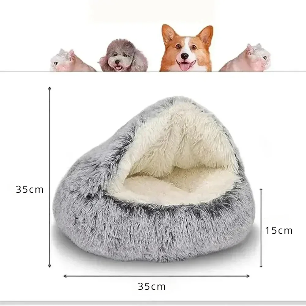 Cama redonda de felpa suave para gatos, cama larga de felpa cálida y cómoda para invierno, nido redondo semicerrado para gatos, saco de dormir para perros pequeños 6