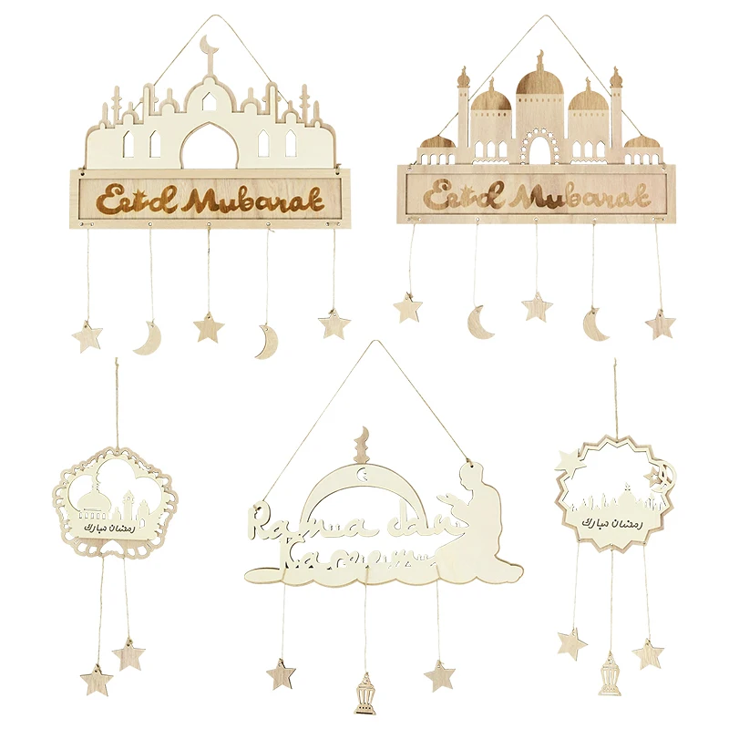 

1piece Eid Mubarak Wooden Pendant Decoration Castle Star Moon Accessories Islamic Ramadan Home Decoration Holiday Party Gifts