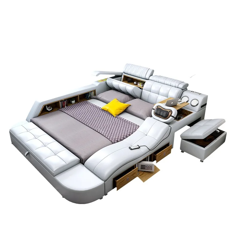King/Queen Size Tech Smart Bed Ultimate Camas Multifunctional TATAMI Massage Beds Genuine Leather Upholstered Bed with Audio