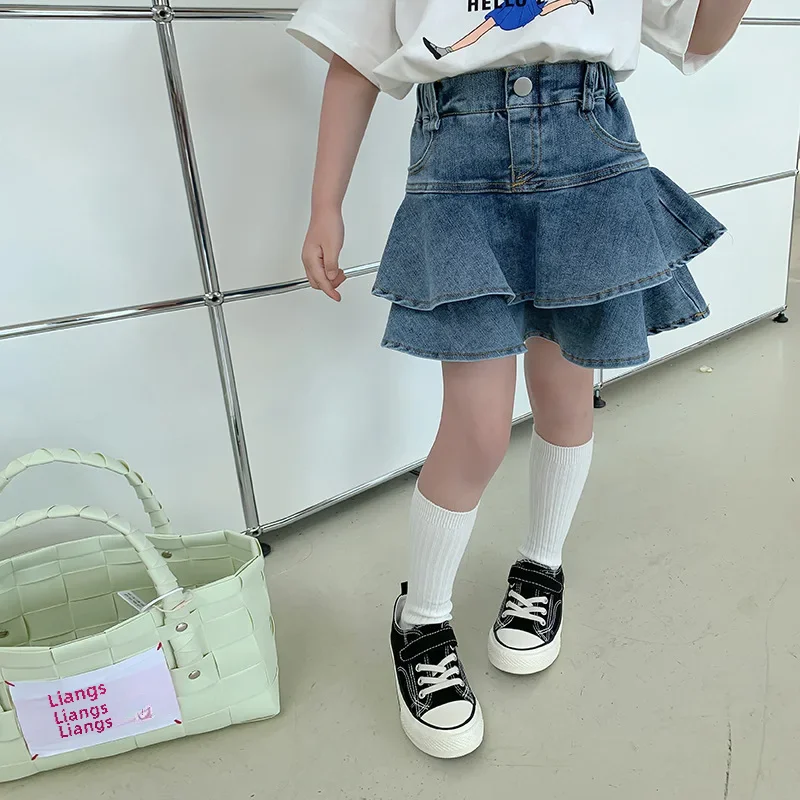 Minifalda vaquera elegante para niñas, falda de pastel de verano, vestido de camiseta antiexposición para niños