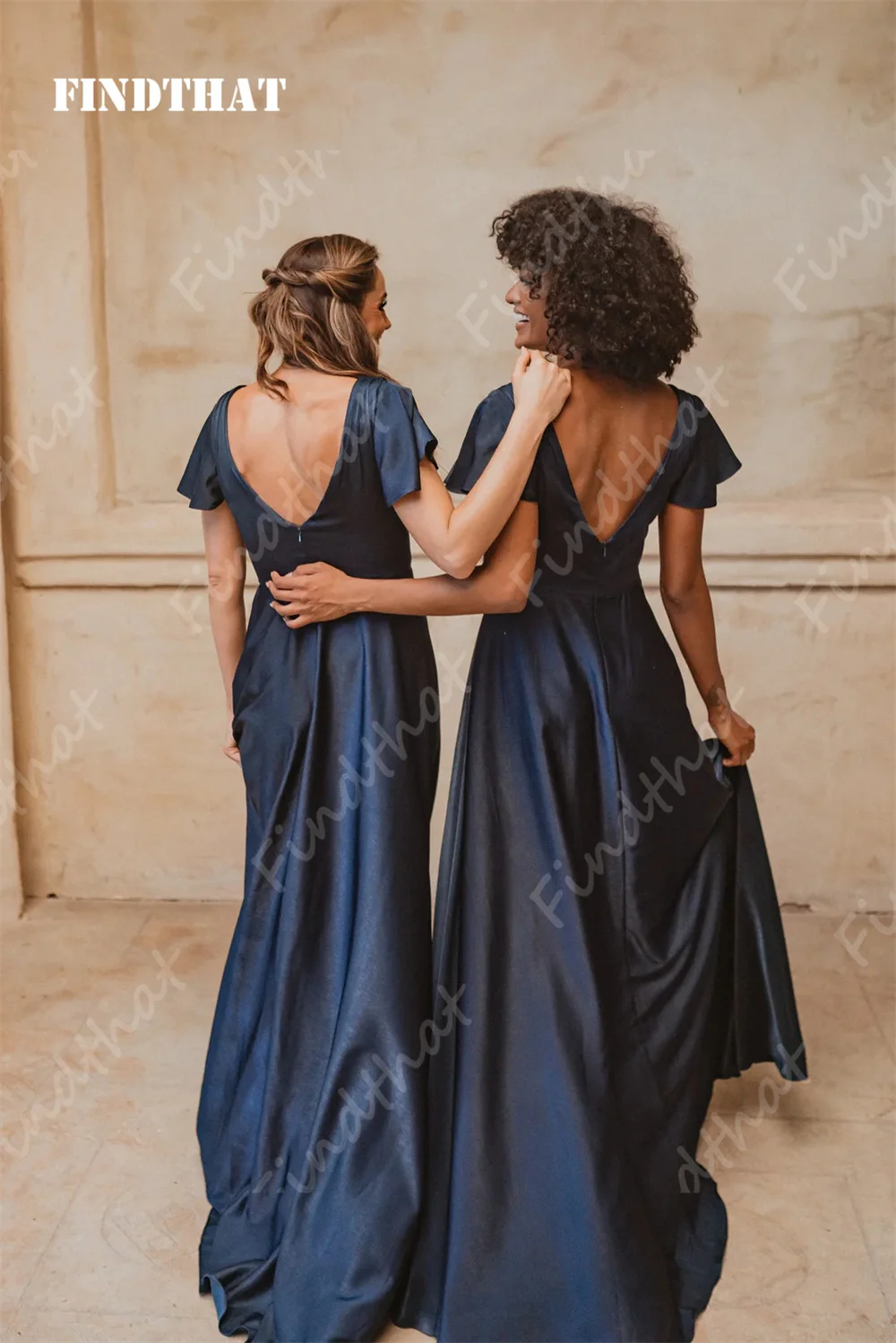 Findthat Elegant V-Neck Satin Bridesmaid Dresses Wedding Short Sleeves A-Line Evening Party Gowns Floor Length Custom
