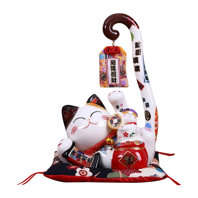 SEWS-8.6 Inch Ceramic Maneki Neko Lucky Cat Money Box Coin Bank Japanese Long Tail Fortune Cat Feng Shui Home Decor 6