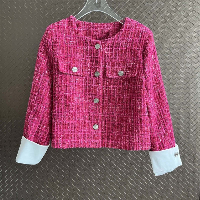 

Elegant Women's Small Fragrance Tweed Jacket Fashion O Neck Single-Breasted Pockets Short Coat Luxury Woolen Outwear Top Q355