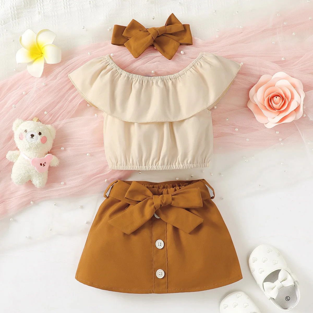 

2023 New Baby Clothes Sets Sleeveless Ruffles Sashes Brown Shorts 2 Piece Sets Designer Casual Girls Clothes Sets 0-2T