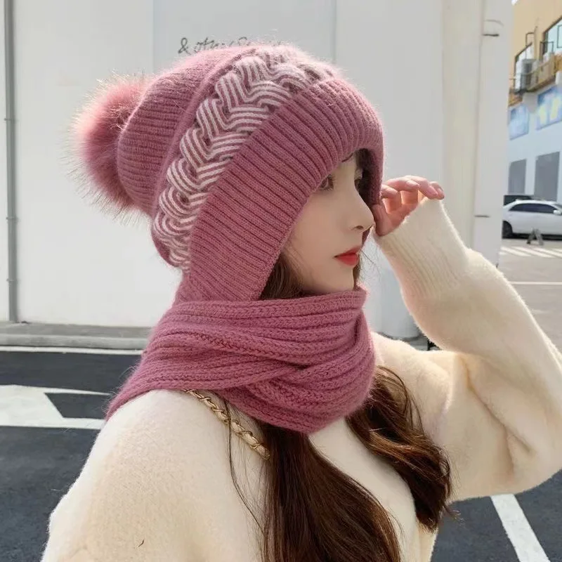 Woolen hat for women, versatile in autumn and winter, Korean version, trendy and warm knit hat with thick velvet and scarf, one- - 2