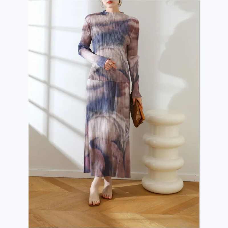 

Женский комплект из двух предметов, новый стиль, плиссированная модная стрейчевая футболка с длинным рукавом и юбка миаке + юбка для женщин