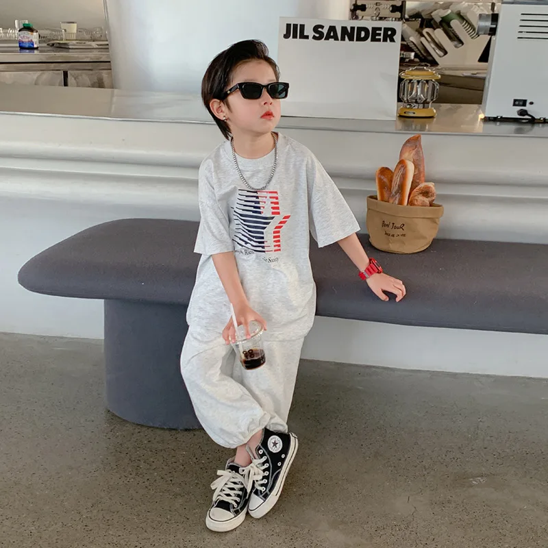 

Trendy Brand Boys' Casual Short-Sleeved Suit Summer Wear2024New Year Children's Clothes Middle and Big Children's Summer Two-Pie
