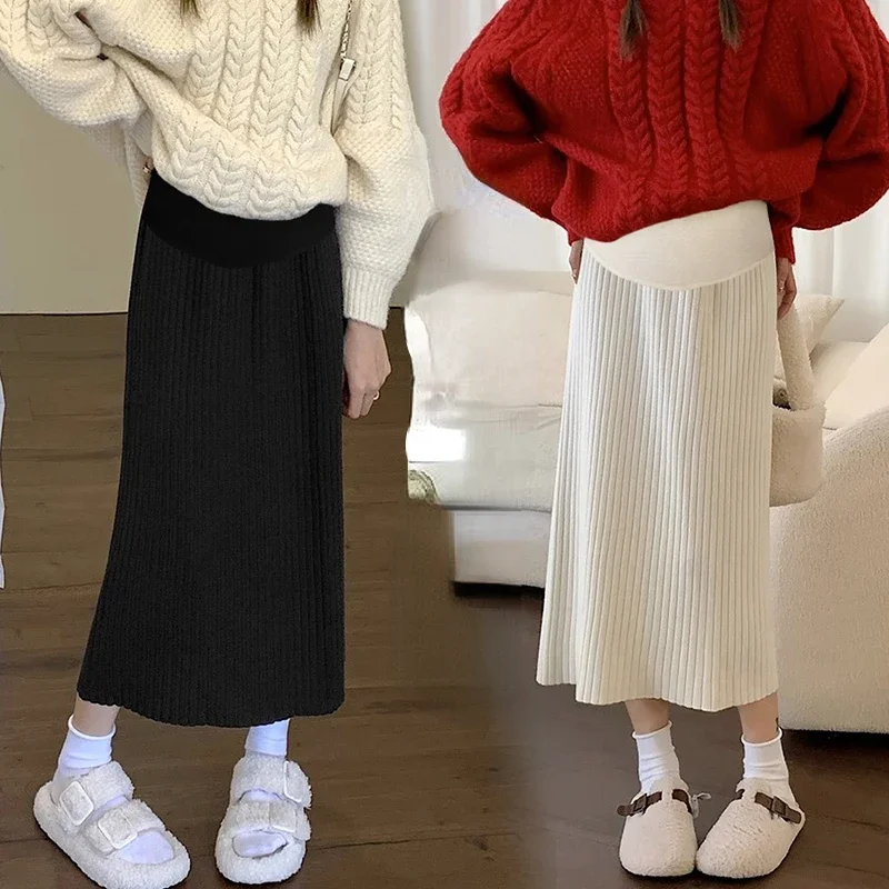 New Pregnant Women's Skirts Solid Color Casual Knitted One Step Skirt Adjustable Waist Maternity Empired Skirt