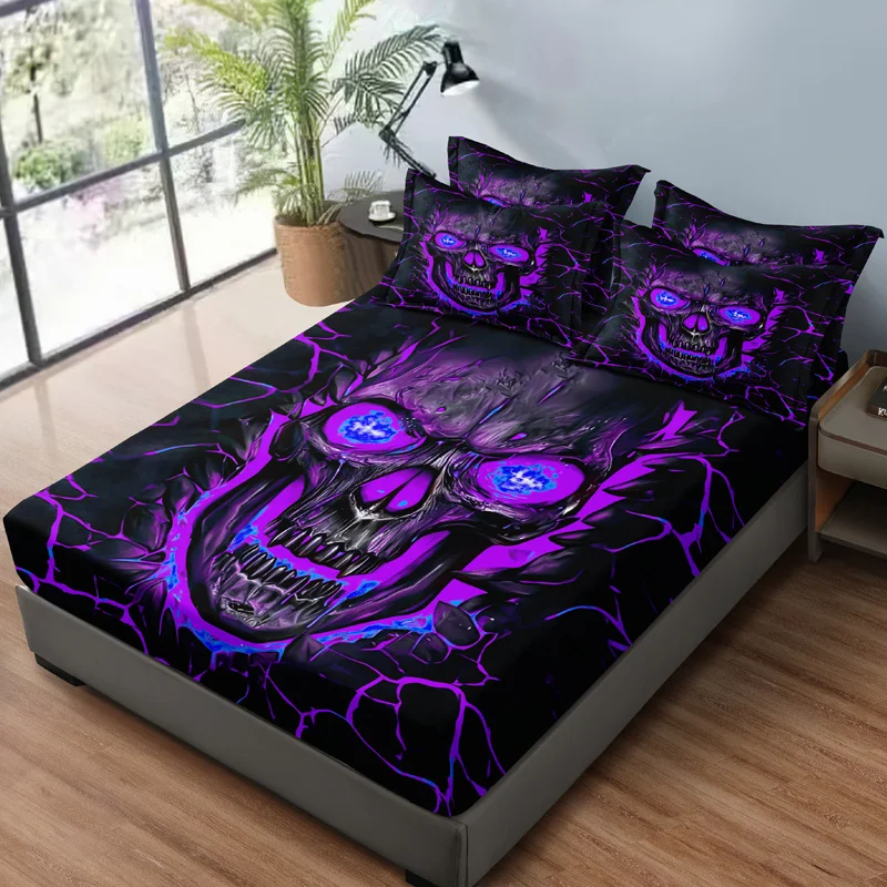 Purple Light Skull Pattern Fitted Sheet Set Soft And Comfortable Bedding Cover Set For Bedroom Guest Room And Dorm Decor 3