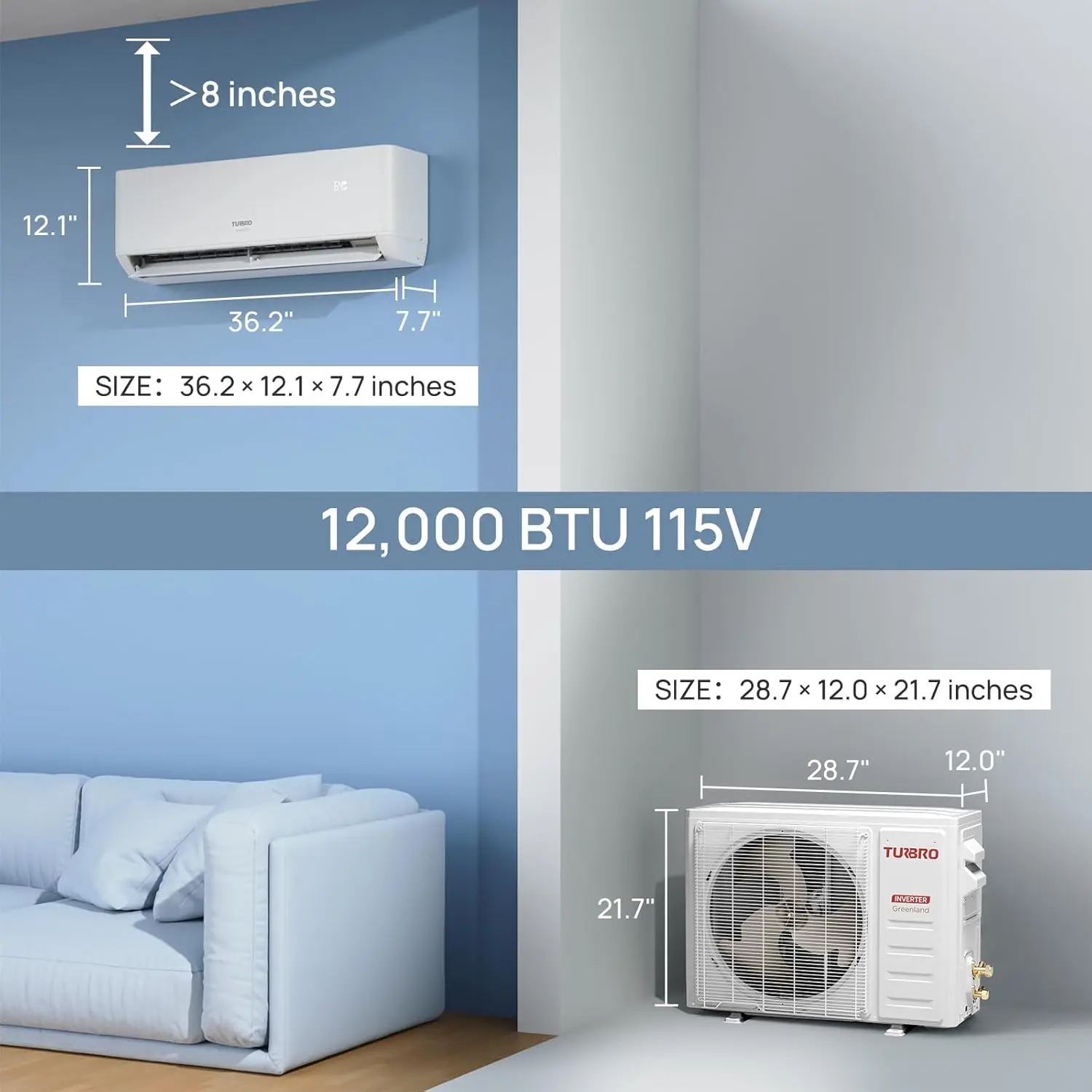 12,000 BTU Ductless Mini Split Inverter AC with Heat Pump, 22 SEER2, 115V, WiFi-Enabled, Cools up to 750 Sq.Ft, Energy Star 6