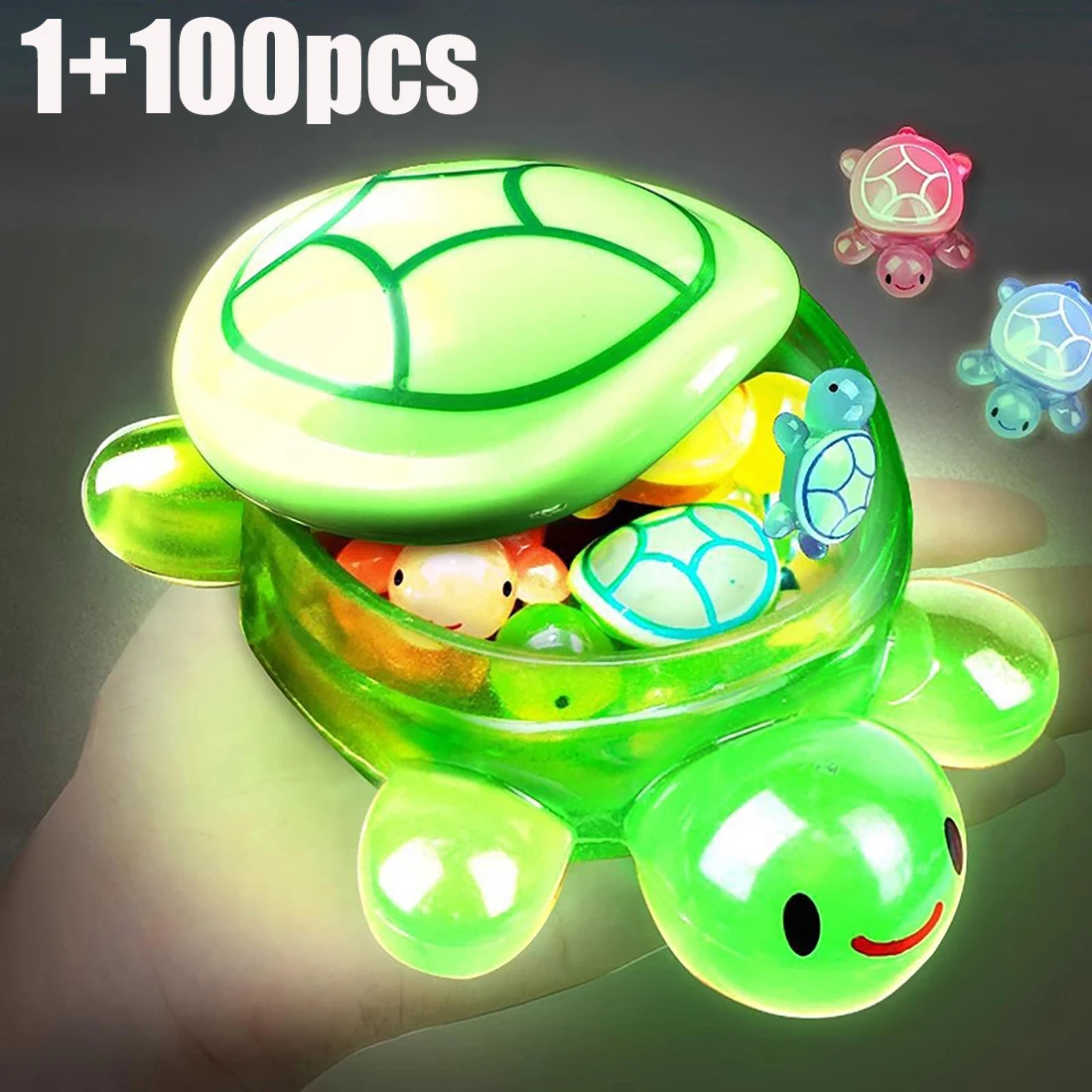 1PC Night Glow Large Turtle+100pcs Mini Luminous Turtles Figurines Resin Craft Glowing Turtle Storage Ornament Landscape Desktop
