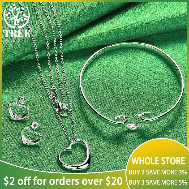 

ALITREE 3pcs 925 Sterling Silver Jewelry Set Fashion Hollow Heart Necklace Bangles Earrings Sets For Woman Charm Wedding Gifts