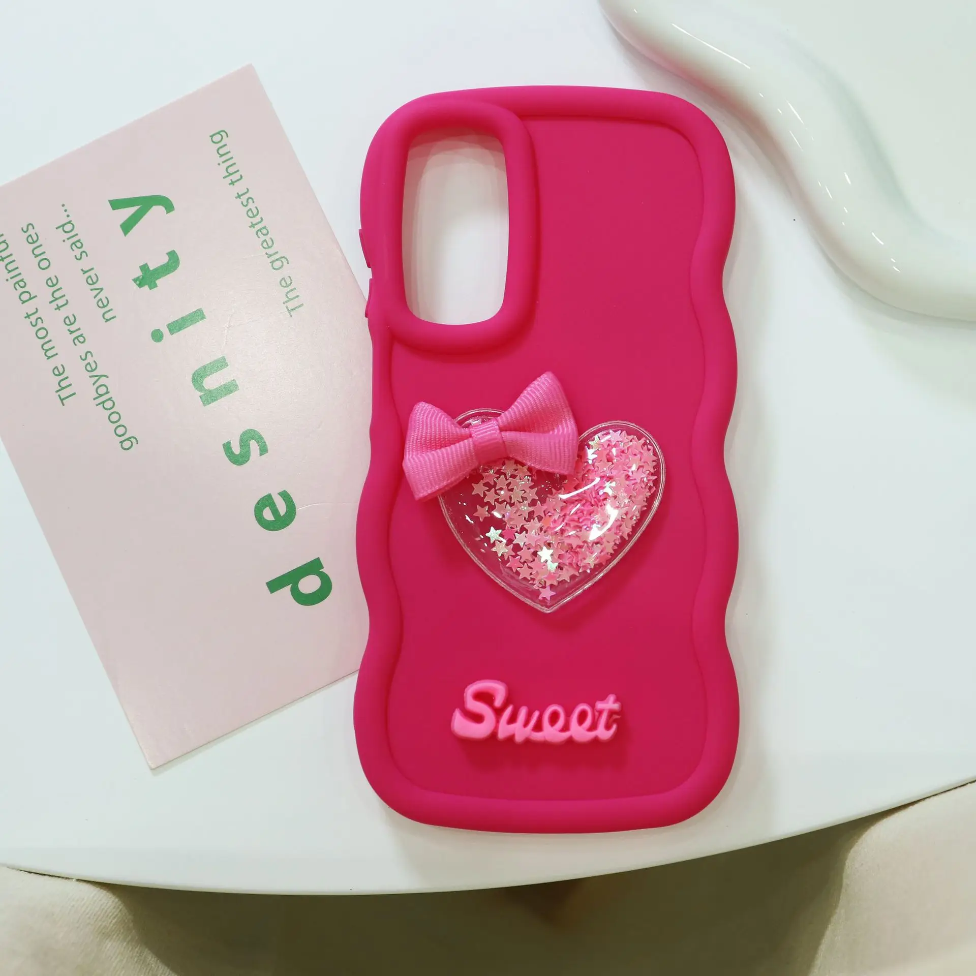 Charming 3D Quicksand Heart Bow Silicone Phone Case