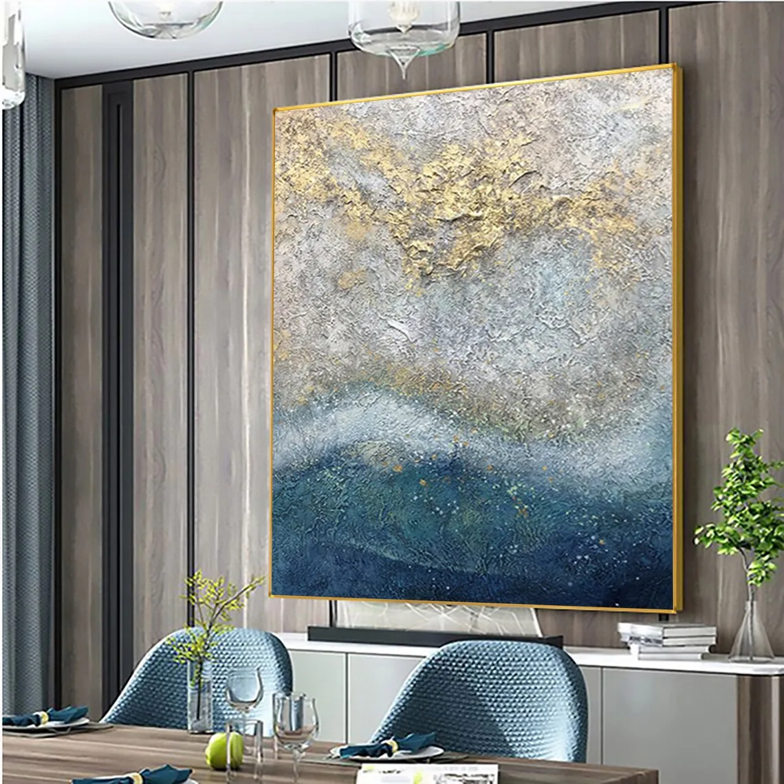 

Hand-Painted Original Gold Foil Canvas Oil Painting Abstract Nordic Style Wall Art Decor Modern Blue Ocean Living Room Decor