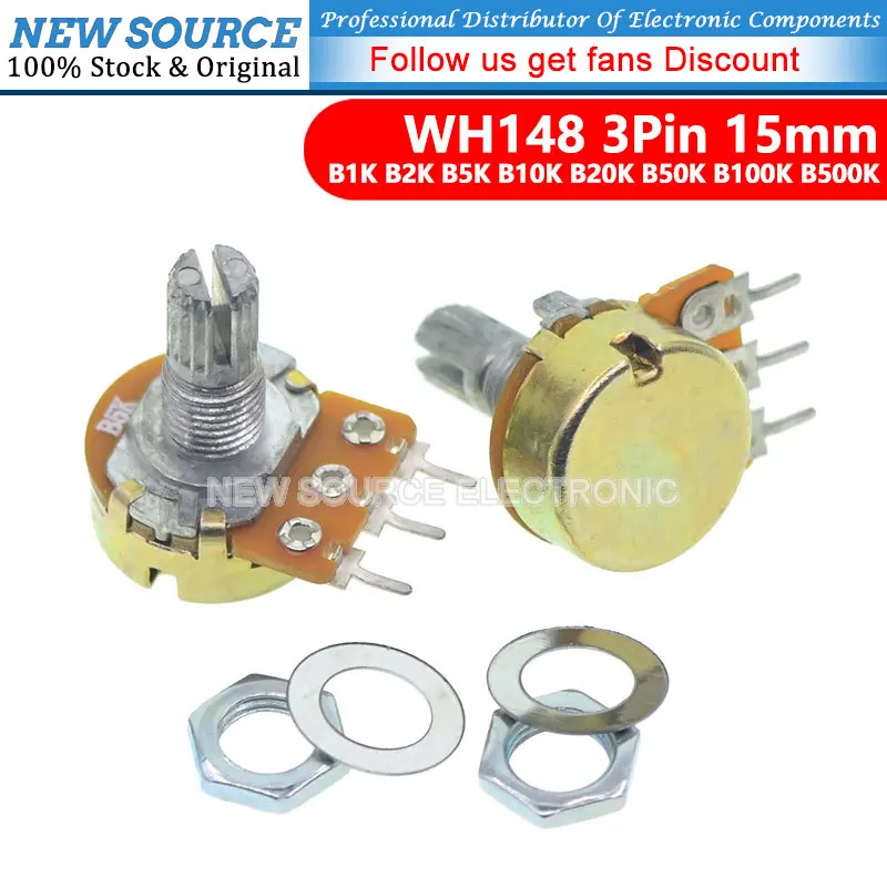 2pcs WH148 B1K B2K B5K B10K B20K B50K B100K B500K 3Pin 15mm Shaft Amplifier Dual Stereo Potentiometer 1K 2K 5K 10K 50K 100K