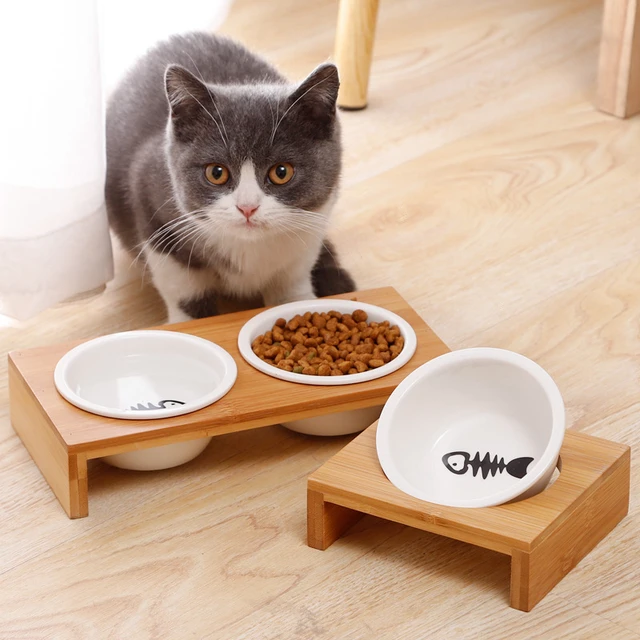 Pet Cat Dog Double Bowl Single Bowl Ceramic Bowl Bamboo Wooden Table Into A Kitten Skid Resistant Double Bowl Small Dog Food Bow 2